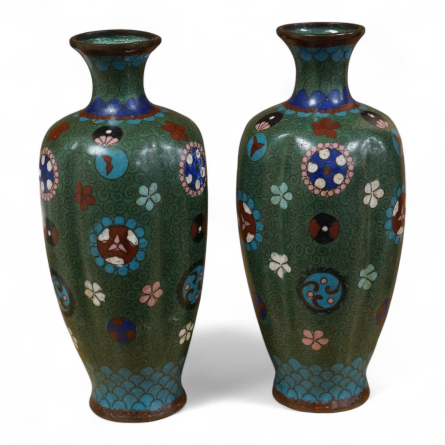 A pair of Japanese cloisonné enamel vases, 19cm high